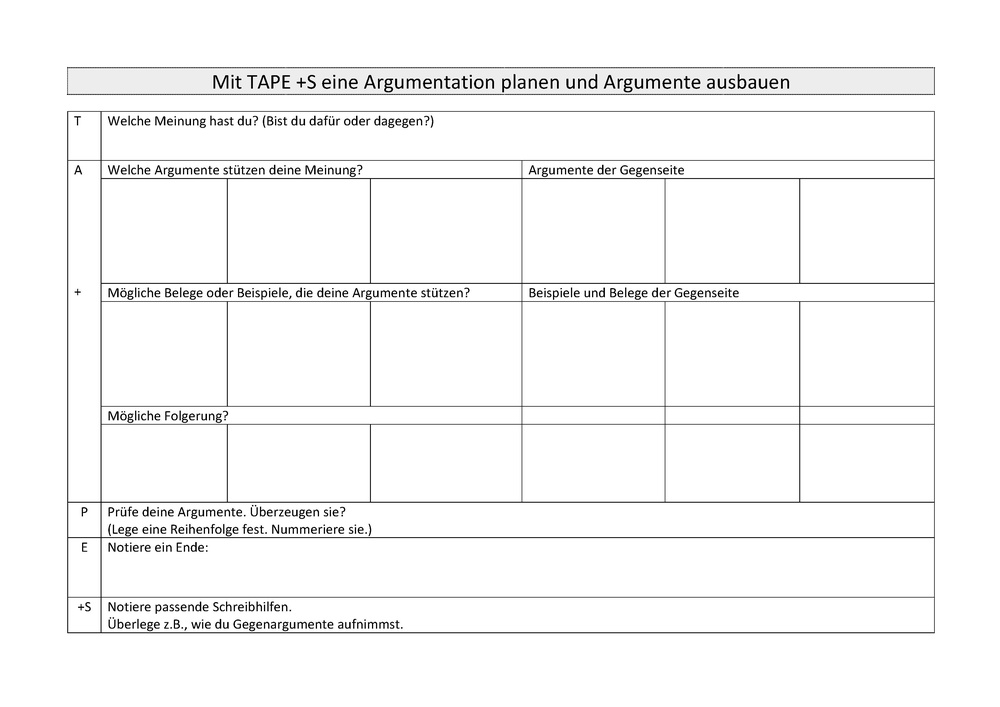 Mit TAPE +S eine Argumentation planen und Argumente ausbauen