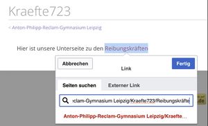 Schritt 2: Link zur Unterseite eingegeben. Der Vorschlag unten ist rot, weil es diese Unterseite noch nicht gibt.